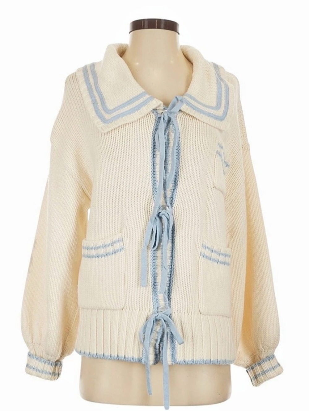 For Love & Lemons Marina Knit Cardigan Cream & Blue XXS NWT